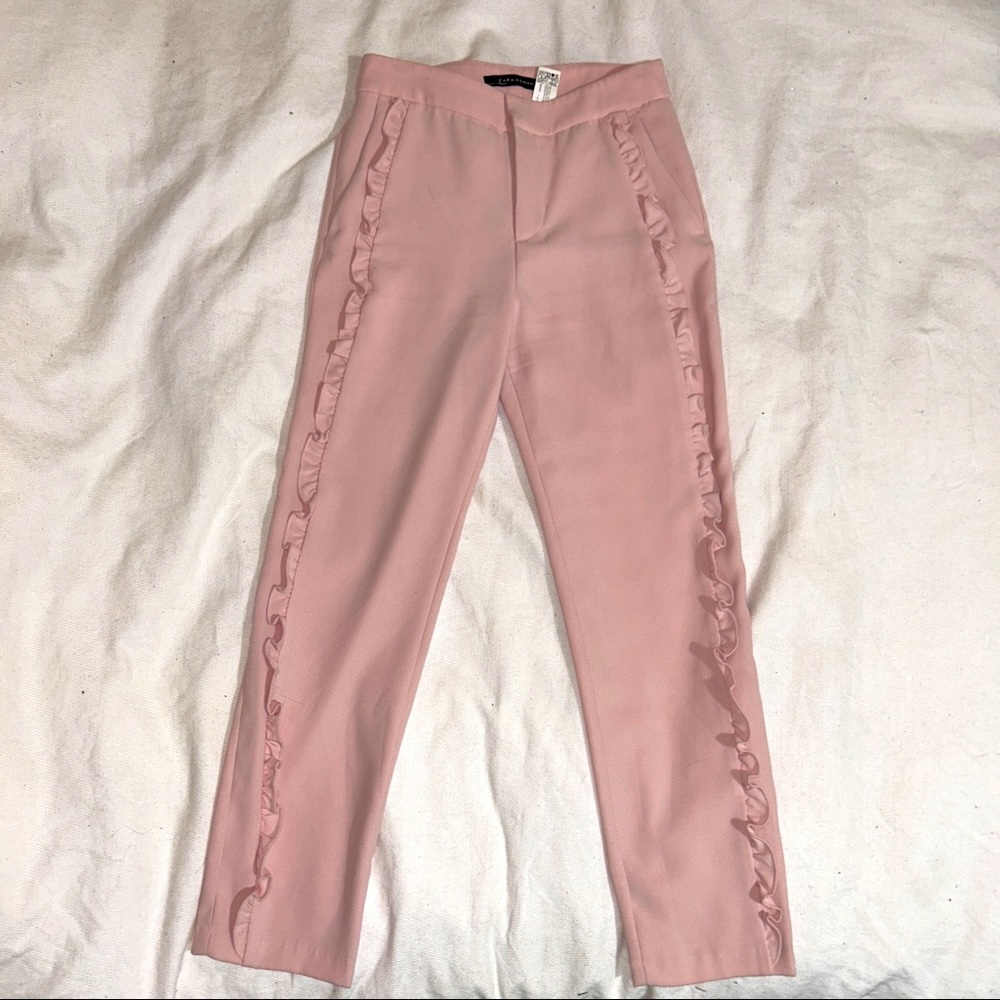Zara Baby Pink Ruffle Trim Straight Leg Pants
